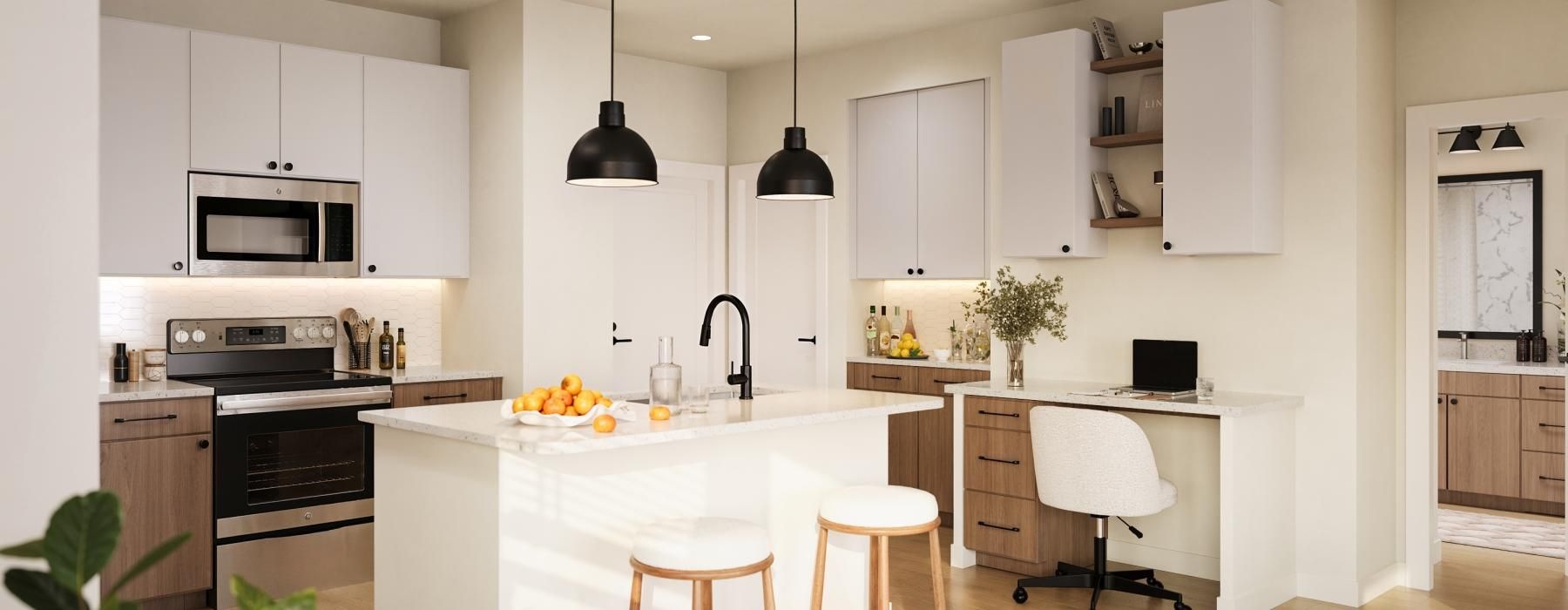 a kitchen with white cabinets