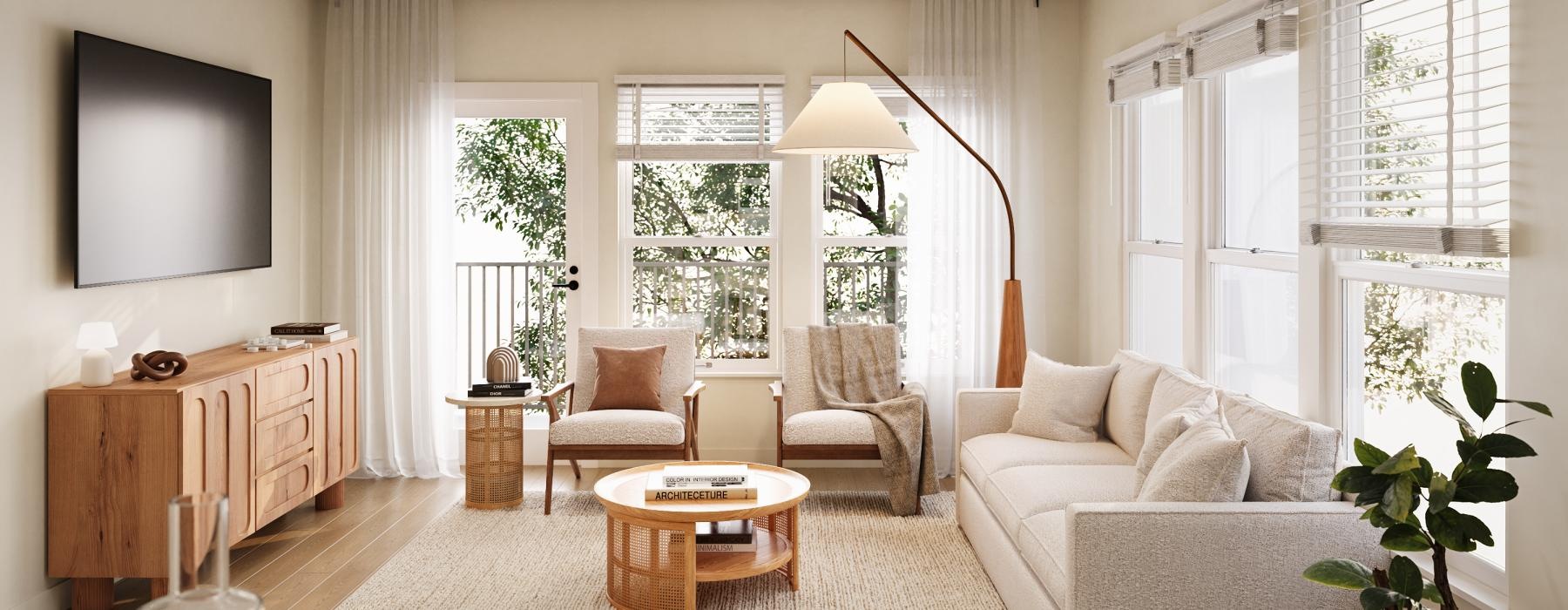 a living room with a couch and a table